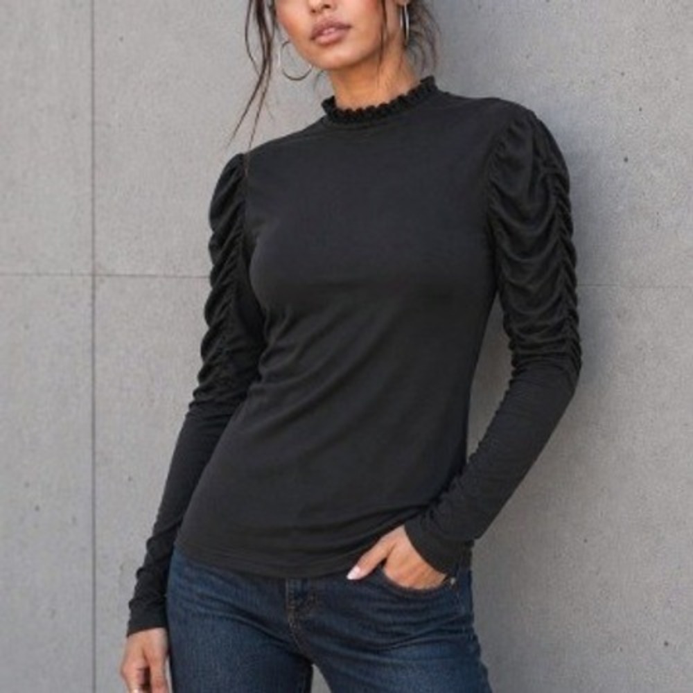 Maeve Anthropologie Black Ruched Sleeve Ruffled Mock Neck Victorian Stretch L